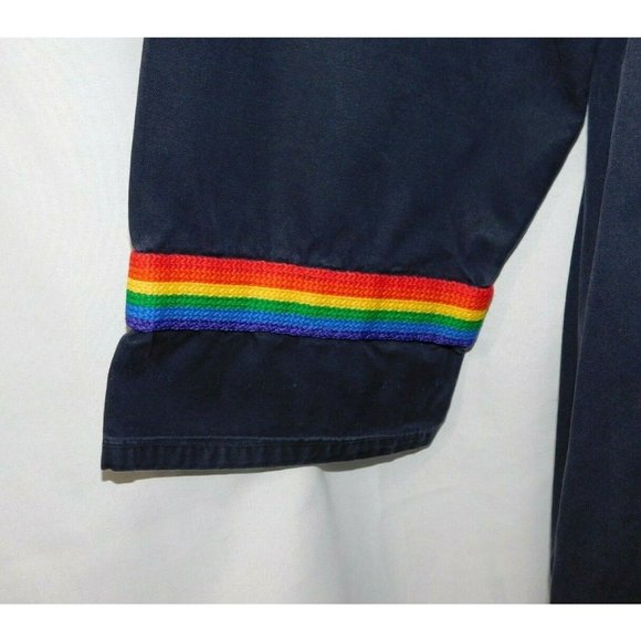 Vintage Grenfill Handicraft Blue Rainbow Trim Hooded Jacket Cotton Womens M / L - Picture 6 of 10